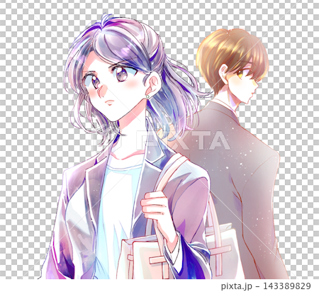 一男一女身著西裝,背靠背而立;職業人士;神情嚴肅。 一男一女身著西裝,背靠背而立;職業人士;神情嚴肅。 143389829