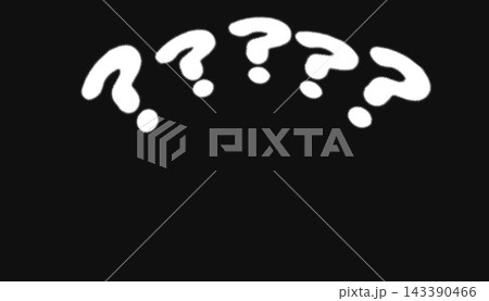Five fuzzy white hand drawn question marks arched across the top of a solid black background, soft brush texture with copy space below for text, ideal for quiz, FAQ or help themes.. Five fuzzy white hand drawn question marks arched across the top of a solid black background, soft brush texture with copy space below for text, ideal for quiz, FAQ or help themes.. 143390466