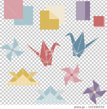 A set of origami cranes, helmets, and pinwheels, along with illustrations of origami paper. A set of origami cranes, helmets, and pinwheels, along with illustrations of origami paper. 143390550