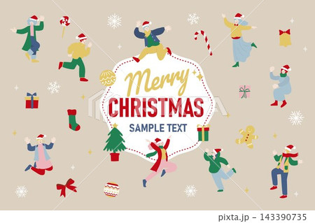 クリスマスを楽しむ人物と装飾を描いたメリークリスマスバナー クリスマスを楽しむ人物と装飾を描いたメリークリスマスバナー 143390735