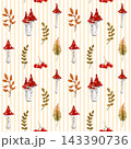 Autumn forest foliage seamless pattern with mushrooms, berries, leaves watercolor illustration on striped background. Hand painted pattern for wallpaper, fabric, stationery, packaging and decor. 143390736