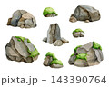 Mossy rock clipart collection isolated on white. Watercolor hand painted stone asset set for game environments, map design, fantasy landscapes, outdoor scenes and nature themed project 143390764