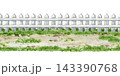 White picket fence with grass and dirt path isolated on white. Watercolor hand painted landscape seamless border element for garden design, countryside scenes, game assets and outdoor themed projects 143390768