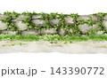 Overgrown stone wall with grass and pathway isolated on white background. Watercolor hand painted landscape seamless border for fantasy maps, game assets, garden scenes and nature inspired design 143390772