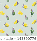 Lemon, sage leaves and lavender flowers seamless pattern watercolor illustration. Hand painted botanical pattern for fabric, wallpaper, packaging, stationery, kitchen decor and branding 143390776