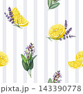 Lemon, lavender and sage seamless striped pattern, watercolor illustration. Hand painted floral pattern for fabric, wallpaper, packaging, stationery, kitchen decor, beauty branding 143390778