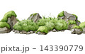 Mossy rocks and stones seamless border isolated on white background. Watercolor hand painted landscape element for game assets, map creation, terrain design and nature scenes. 143390779