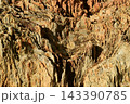 Texture or background of a geological feature with a rugged surface and distinct details, composed of alternating layers of reddish-brown and beige rock. 143390785