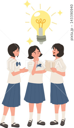 Schoolgirls Discussing Ideas and Problem Solving with Light Bulb Concept 143390940
