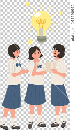 Schoolgirls Discussing Ideas and Problem Solving with Light Bulb Concept 143390940