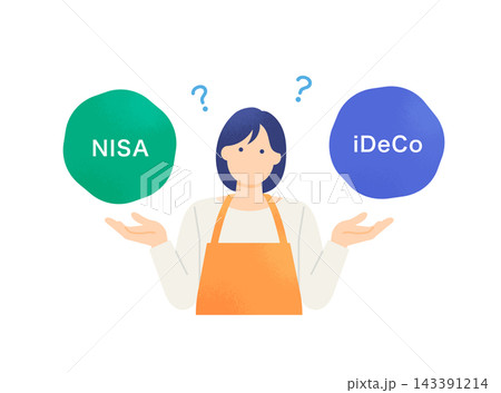 NISAとiDeCoのどっちを選ぶか考える主婦 二択で迷うエプロン姿の女性の上半身イラスト素材 143391214
