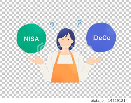 NISAとiDeCoのどっちを選ぶか考える主婦 二択で迷うエプロン姿の女性の上半身イラスト素材 143391214