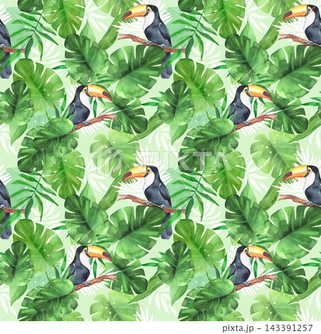 Seamless hand-drawn watercolor pattern featuring toucans on branches among tropical monstera and palm leaves. Exotic jungle foliage background for summer prints and textiles. Seamless hand-drawn watercolor pattern featuring toucans on branches among tropical monstera and palm leaves. Exotic jungle foliage background for summer prints and textiles. 143391257