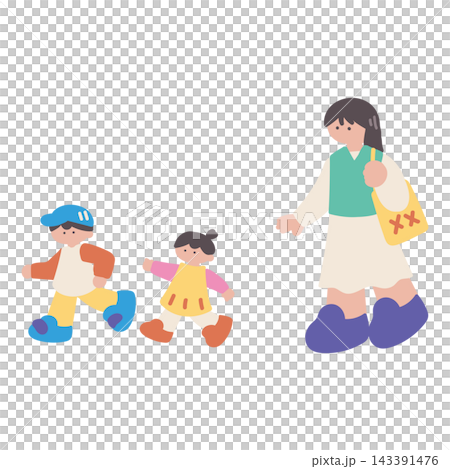 家族親子走る子どもと追いかける母親手描きベクターイラスト 家族親子走る子どもと追いかける母親手描きベクターイラスト 143391476