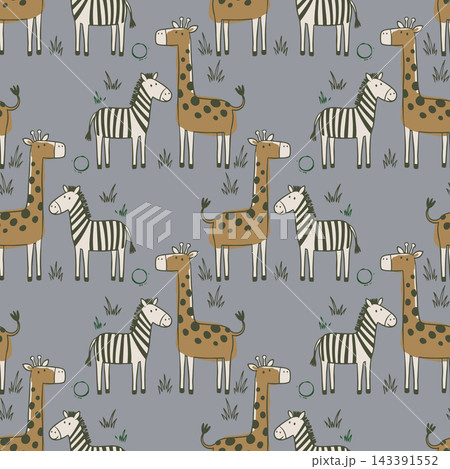 Seamless hand drawn safari pattern featuring giraffes, zebras, and grass on muted gray background for nursery fabric, wallpaper, wrapping, and playful kids decor textiles. Seamless hand drawn safari pattern featuring giraffes, zebras, and grass on muted gray background for nursery fabric, wallpaper, wrapping, and playful kids decor textiles. 143391552