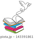 Knowledge and imagination learning concept with books stack and bird flying continuous line drawing illustration 143391861