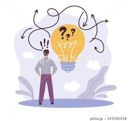 Business problem solving. Confused person with questions, decision making, strategy and creative thinking, brainstorming and finding clarity, different directions vector cartoon isolated concept Business problem solving. Confused person with questions, decision making, strategy and creative thinking, brainstorming and finding clarity, different directions vector cartoon isolated concept 143392016