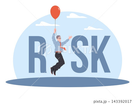 Business risk management. Businessman lifted by balloon, uncertainty and opportunity, decision pressure, uncertainty, hazard situation, finance investment vector cartoon isolated concept Business risk management. Businessman lifted by balloon, uncertainty and opportunity, decision pressure, uncertainty, hazard situation, finance investment vector cartoon isolated concept 143392017