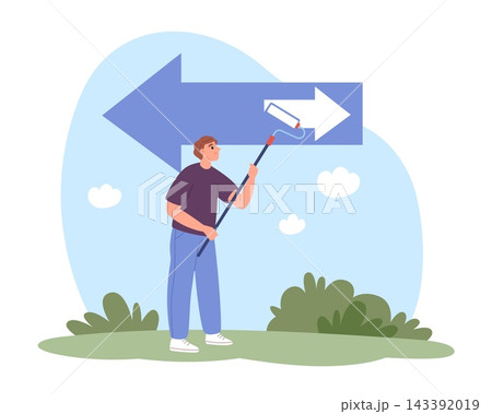 Changing direction and making right choice. Repainting arrow sign, change management, strategic process, decision making and business transformation progress vector cartoon isolated concept Changing direction and making right choice. Repainting arrow sign, change management, strategic process, decision making and business transformation progress vector cartoon isolated concept 143392019