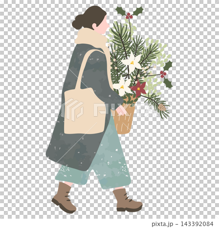 A woman walking with Christmas plants in her arms. A woman walking with Christmas plants in her arms. 143392084