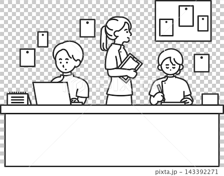 An illustration depicting a nurse's station (line art only). An illustration depicting a nurse's station (line art only). 143392271