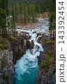 Majestic turquoise river and waterfall cutting through rocky canyon beside lush pine forest evoking awe in scenic canada wilderness landscape 143392454