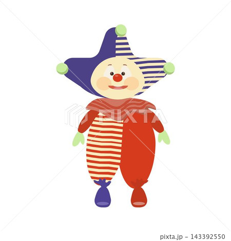 A clown in a cap character in a playful hand-drawn style, featuring a colorful costume, funny hat, bright makeup, and a friendly smile. Whimsical circus illustration perfect. A clown in a cap character in a playful hand-drawn style, featuring a colorful costume, funny hat, bright makeup, and a friendly smile. Whimsical circus illustration perfect. 143392550
