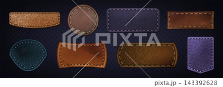 Realistic set of leather tags with stitched edges 143392628