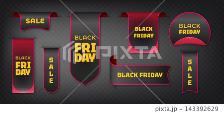 Black Friday sale tags with labels and ribbons. 143392629