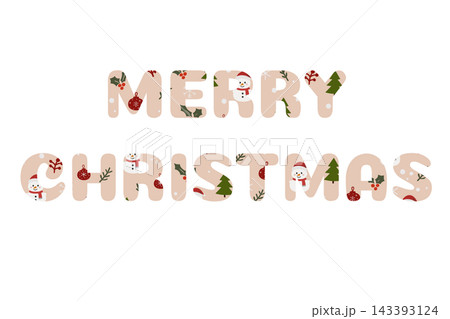 Beige lettering Merry Christmas patterned with cute snowmen and ornaments isolated on transparent or white background for festive card design Beige lettering Merry Christmas patterned with cute snowmen and ornaments isolated on transparent or white background for festive card design 143393124