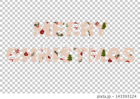 Beige lettering Merry Christmas patterned with cute snowmen and ornaments isolated on transparent or white background for festive card design Beige lettering Merry Christmas patterned with cute snowmen and ornaments isolated on transparent or white background for festive card design 143393124
