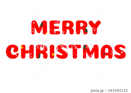 Red lettering Merry Christmas decorated with green pine trees stars and snowflakes isolated on transparent or white background for card design 143393125