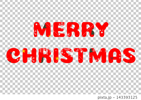 Red lettering Merry Christmas decorated with green pine trees stars and snowflakes isolated on transparent or white background for card design 143393125