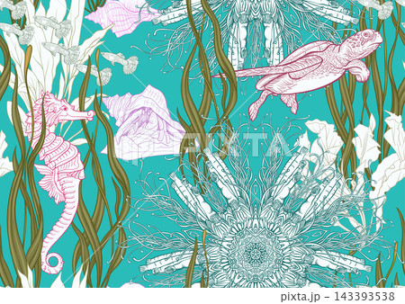 Colorful seamless marine pattern with corals Colorful seamless marine pattern with corals 143393538