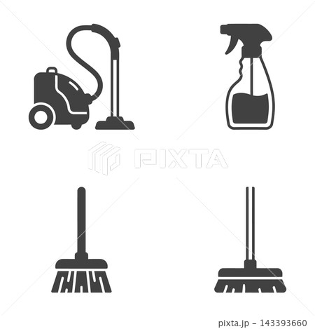 Minimalist Black Cleaning Tools Icons Set: Vacuum Cleaner, Spray Bottle, Broom, Mop 143393660