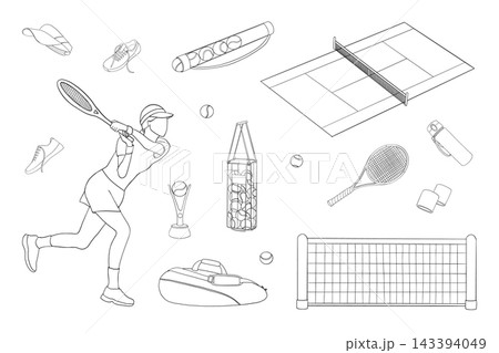 Set of tennis sport equipment, court, female player swinging racket. Hand drawn vector line art, black graphic illustration. For decoration, packaging, branding 143394049
