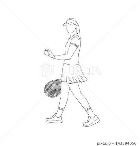Female tennis player standing with racket and ball. Hand drawn vector outline graphic illustration with woman athlete. For branding, coloring books, t-shirt print designs, textile, packaging Female tennis player standing with racket and ball. Hand drawn vector outline graphic illustration with woman athlete. For branding, coloring books, t-shirt print designs, textile, packaging 143394050