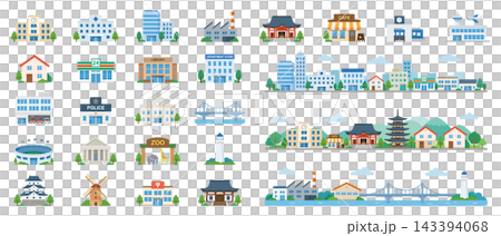 一組建築插圖:代表街景和公共設施的圖示。 一組建築插圖:代表街景和公共設施的圖示。 143394068