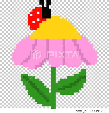 Cute pixel art ladybug resting on pink flower petal, 8-bit spring floral icon Cute pixel art ladybug resting on pink flower petal, 8-bit spring floral icon 143394282