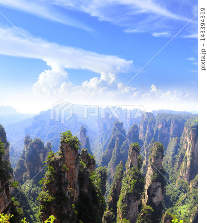 Majestic quartz sandstone pillars, Zhangjiajie National Park, China. Avatar Mountains, Wulingyuan scenic area, tourist attraction, Hunan. Towering peaks, tree, stunning karst landscape scenery view 143394319