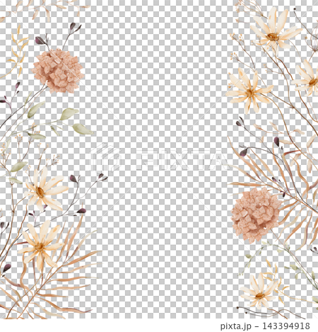 Hand painted watercolor vertical side borders of cream daisy flowers, rust hydrangea clusters, dried grasses and dark seed pods in warm terracotta ochre palette on white background with copy space 143394918