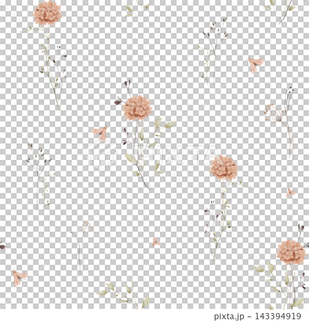 Hand painted watercolor seamless pattern of rust and terracotta hydrangea branches, ochre leaves, mustard seed pods, twigs and delicate moths in warm autumn earthy tones on white background. Hand painted watercolor seamless pattern of rust and terracotta hydrangea branches, ochre leaves, mustard seed pods, twigs and delicate moths in warm autumn earthy tones on white background. 143394919
