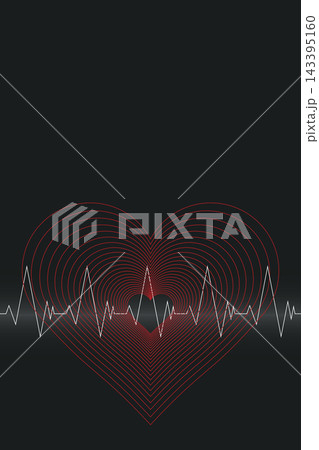 Minimalist geometric red hearts with white heartbeats linework on black background modern retro style vertical template have blank space. 143395160