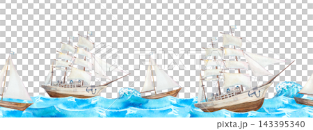 Watercolor nautical seamless border pattern with vintage sailing ships and yachts on blue ocean waves. Hand drawn marine illustration isolated on creative panoramic repeat background ribbon Watercolor nautical seamless border pattern with vintage sailing ships and yachts on blue ocean waves. Hand drawn marine illustration isolated on creative panoramic repeat background ribbon 143395340