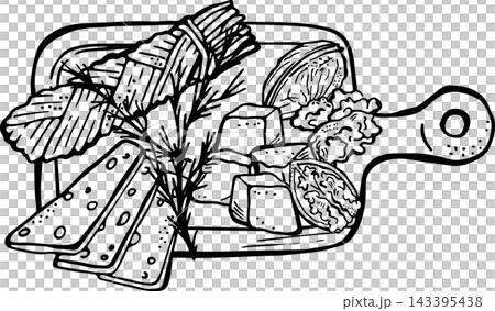 Cheese Pantry Cheese Platter with Braided Cheese, Feta, Gouda, Walnut and Rosemary Hand Drawn Vector Collection 143395438