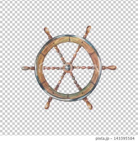 Authentic wooden ship helm steering wheel with rustic texture. Isolated hand drawn watercolor illustration element. Realistic detailed drawing for scandinavian marine print or naval design 143395584