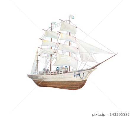 Wooden sailboat ship vessel with mast anchor and sail. Isolated hand drawn watercolor illustration element. Vintage detailed drawing for scandinavian marine print or mediterranean design 143395585