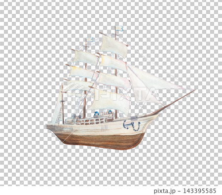 Wooden sailboat ship vessel with mast anchor and sail. Isolated hand drawn watercolor illustration element. Vintage detailed drawing for scandinavian marine print or mediterranean design 143395585