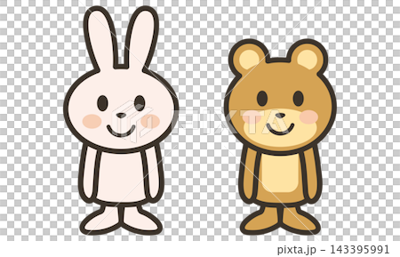 Cute animal character illustrations of a rabbit and a bear standing at attention with smiles on their faces. 143395991