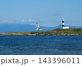 最北の灯台の前を飛ぶカモメ 143396011
